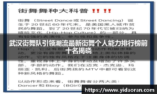 武汉街舞队引领潮流最新街舞个人能力排行榜前十名揭晓